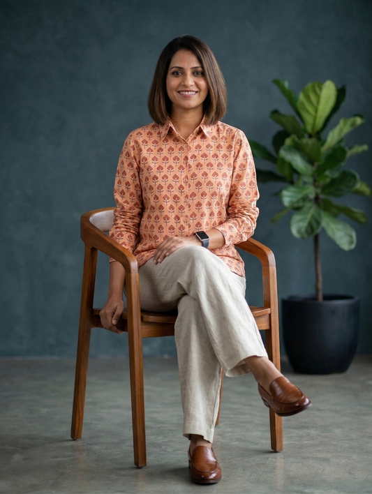 Women's Floral Block Print Ethnic Shirt - Peach - Long Sleeve - Button-Down - Sahaj Handcrafted