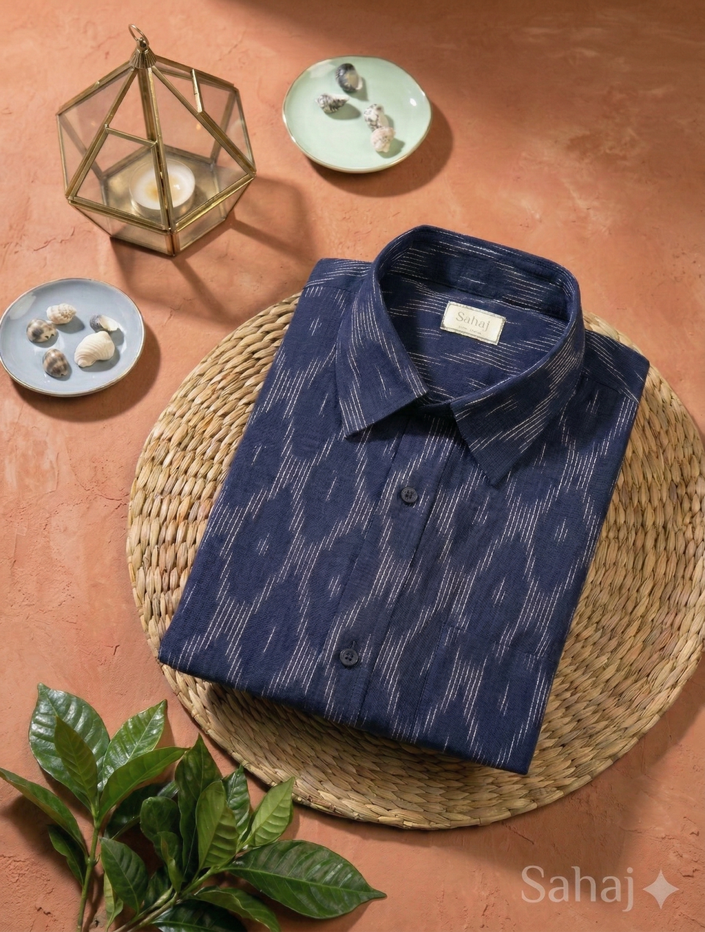 Men's Ikat Print Ethnic Shirt - Indigo Blue - Short Sleeve - Button-Down - Sahaj Handcrafted