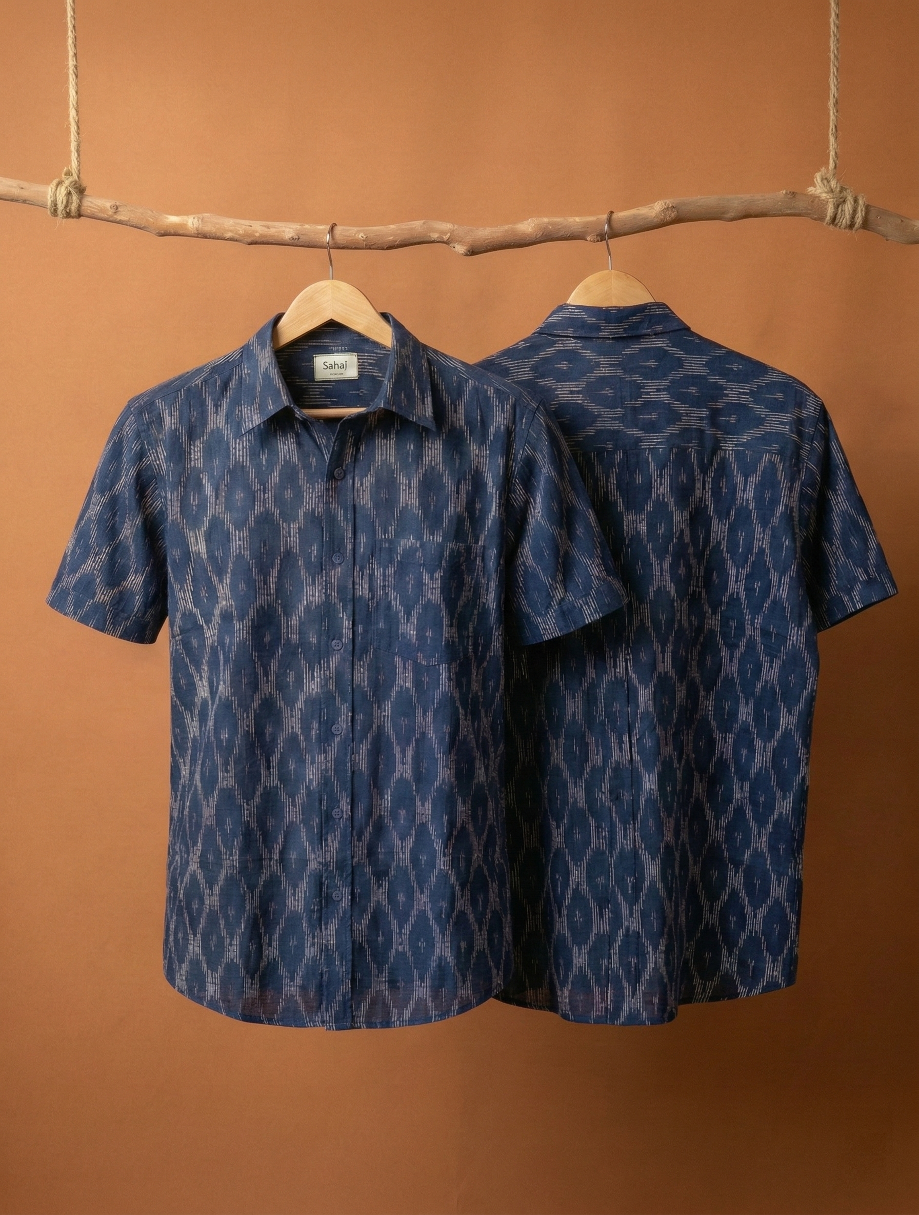 Men's Ikat Print Ethnic Shirt - Indigo Blue - Short Sleeve - Button-Down - Sahaj Handcrafted