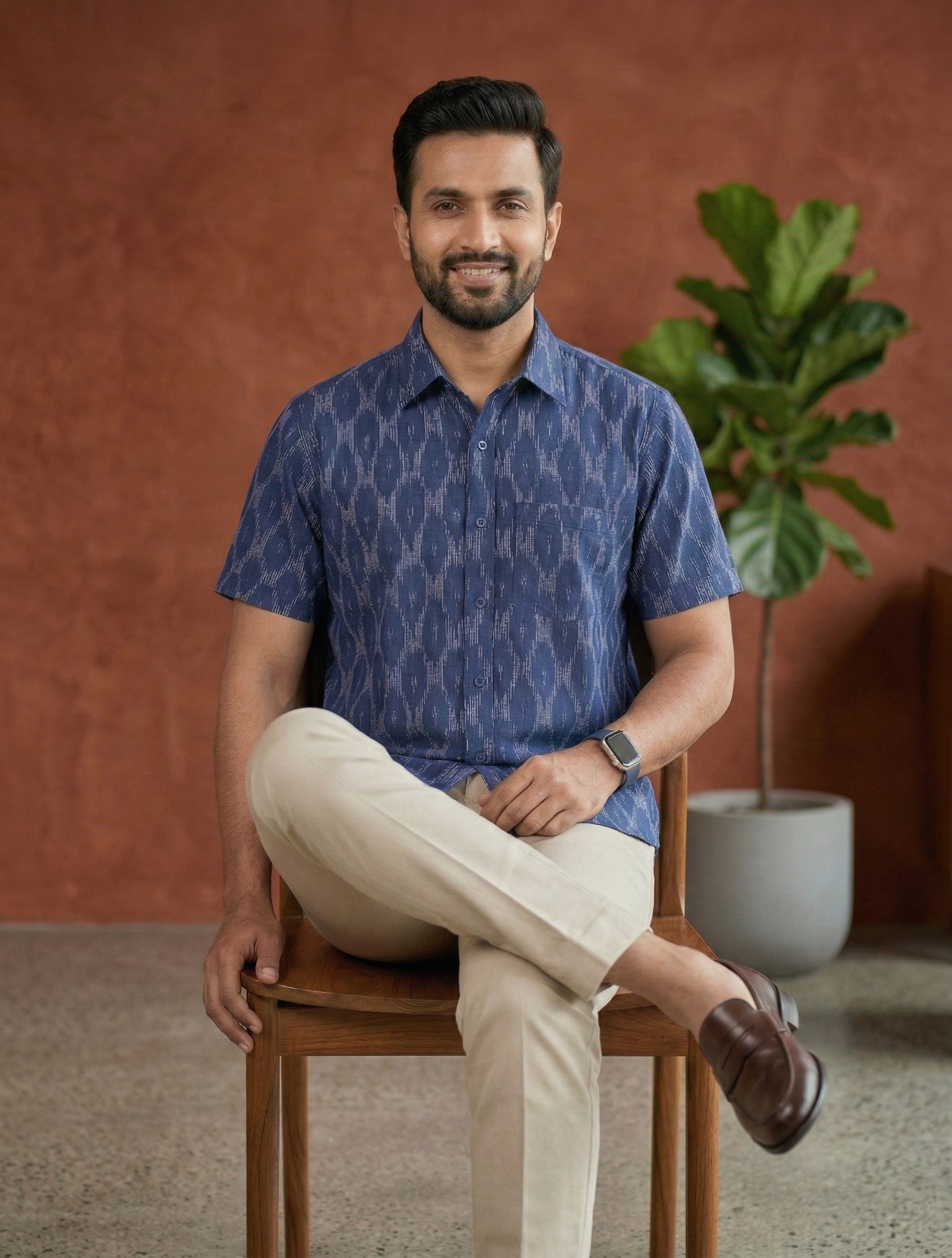 Men's Ikat Print Ethnic Shirt - Indigo Blue - Short Sleeve - Button-Down - Sahaj Handcrafted