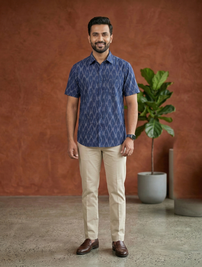 Men's Ikat Print Ethnic Shirt - Indigo Blue - Short Sleeve - Button-Down - Sahaj Handcrafted