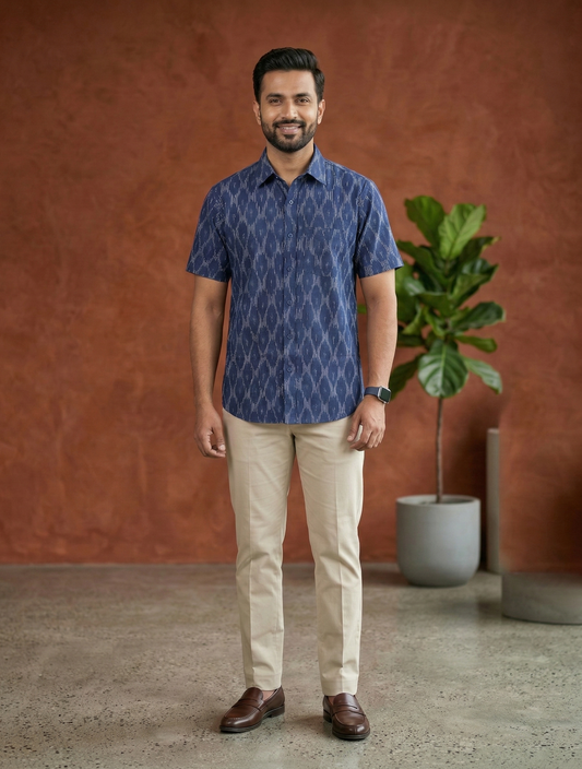 Men's Ikat Print Ethnic Shirt - Indigo Blue - Short Sleeve - Button-Down - Sahaj Handcrafted