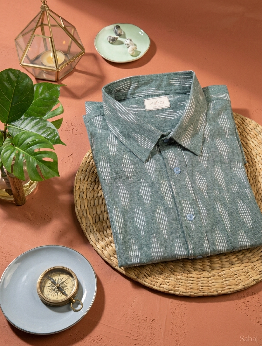 Men's Ikat Print Ethnic Shirt - Sage Green - Short Sleeve - Button-Down - Sahaj Handcrafted