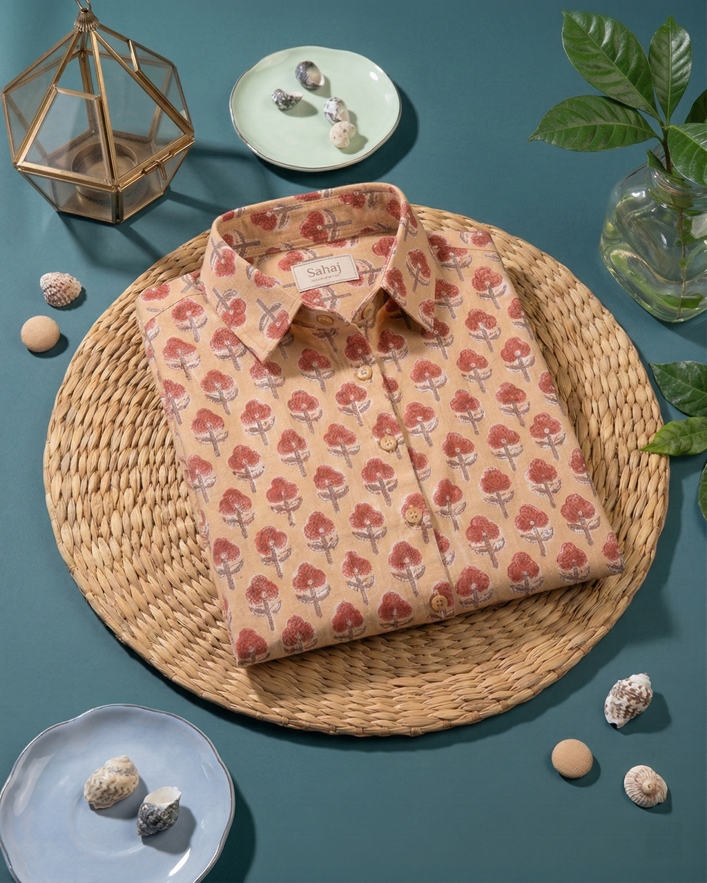 Women's Floral Block Print Ethnic Shirt - Peach - Long Sleeve - Button-Down - Sahaj Handcrafted