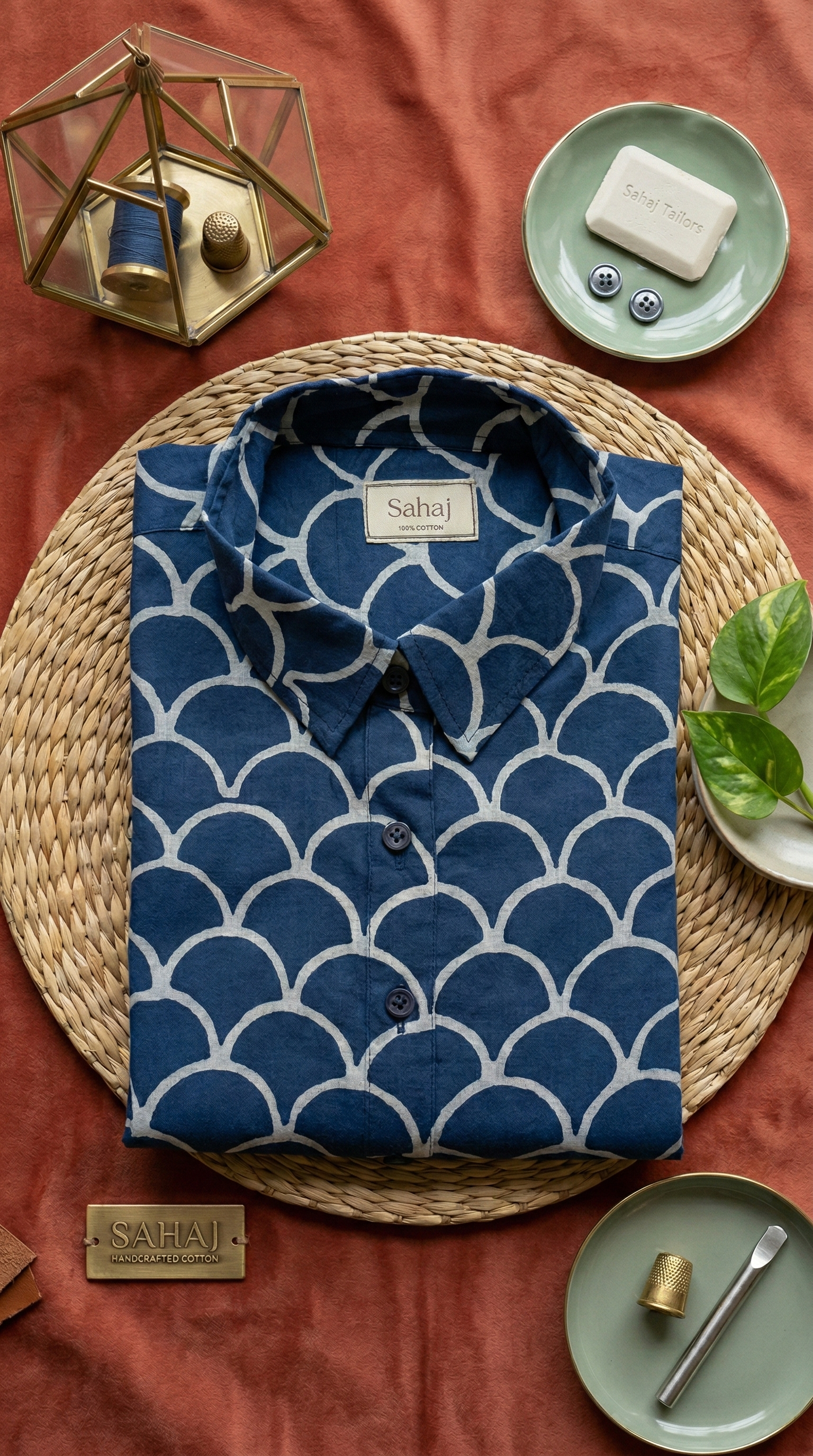 Women’s Scallop Print Ethnic Shirt - Indigo Blue - Long Sleeve -Button Down - Sahaj Handcrafted