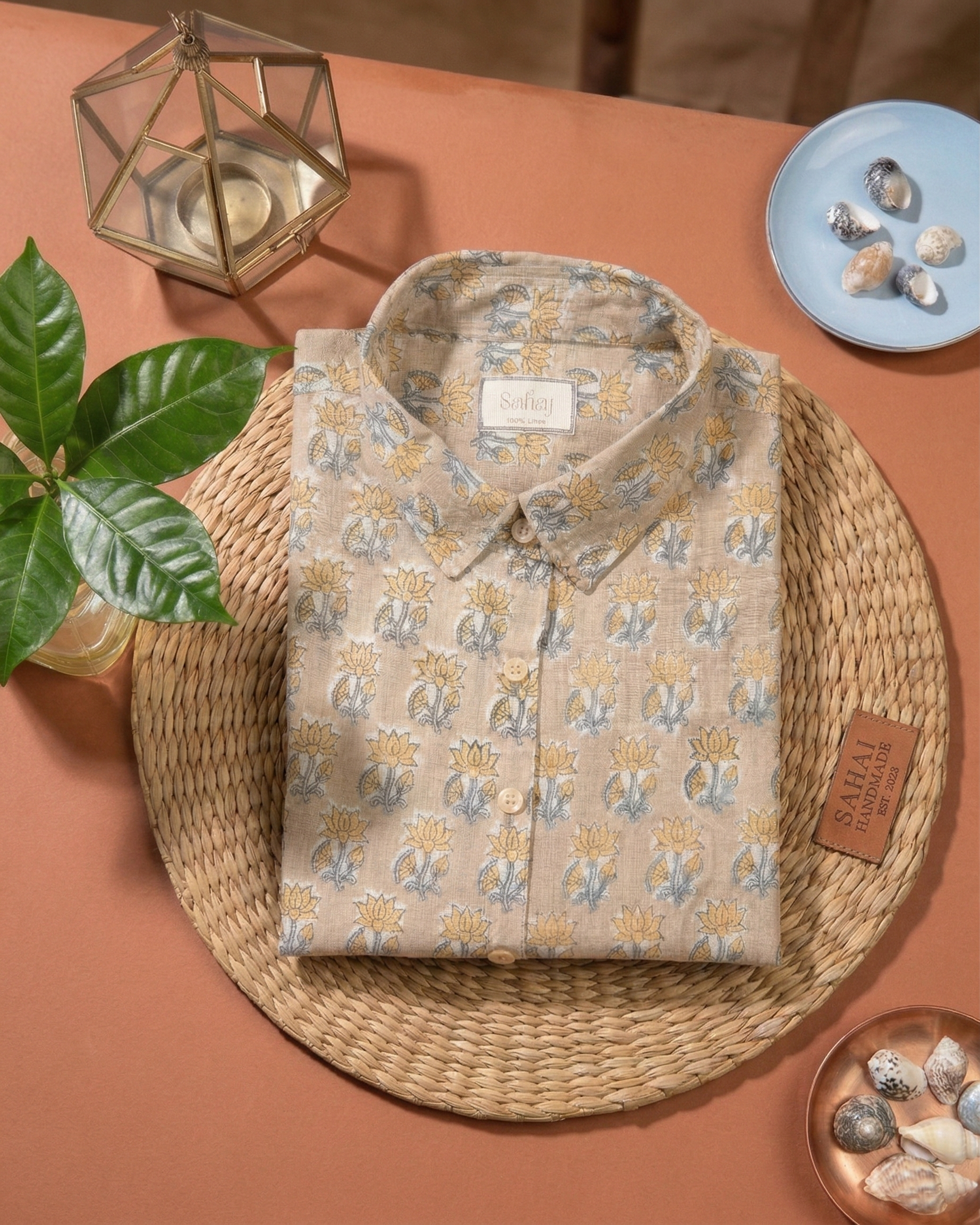 Women’s Floral Block Print Ethnic Shirt - Beige - Long Sleeve - Button Down - Sahaj Handcrafted