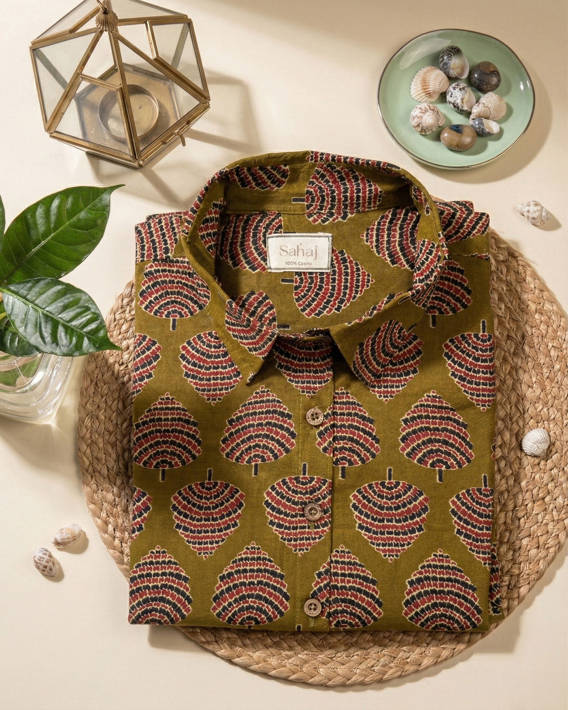 Women's Moss Leaf Block Print Ethnic Shirt - Olive - Long Sleeve - Button-Down - Sahaj Handcrafted