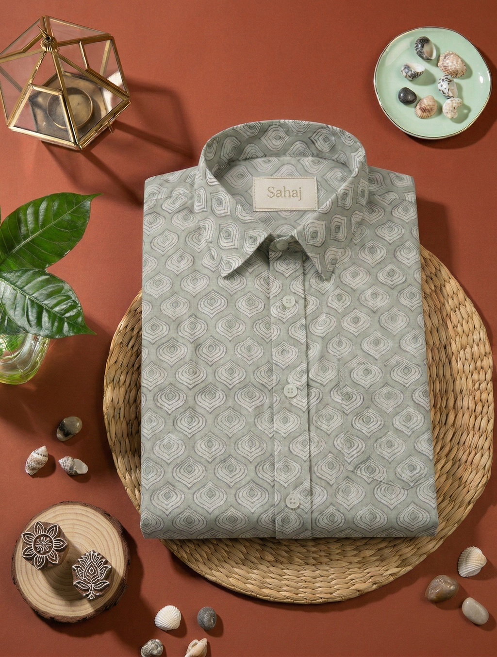 Men's Geometric Print Ethnic Shirt - Light Grey - Short Sleeve - Button-Down - Sahaj Handcrafted