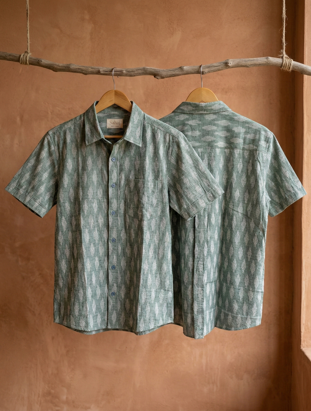 Men's Ikat Print Ethnic Shirt - Sage Green - Short Sleeve - Button-Down - Sahaj Handcrafted