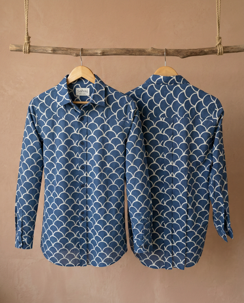 Women’s Scallop Print Ethnic Shirt - Indigo Blue - Long Sleeve -Button Down - Sahaj Handcrafted