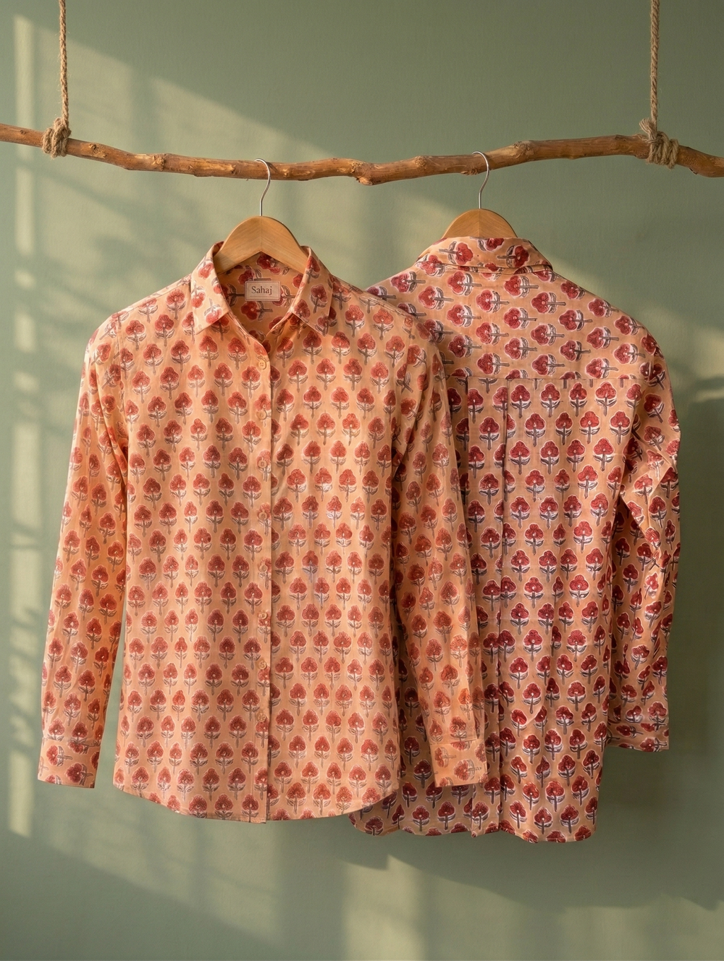 Women's Floral Block Print Ethnic Shirt - Peach - Long Sleeve - Button-Down - Sahaj Handcrafted