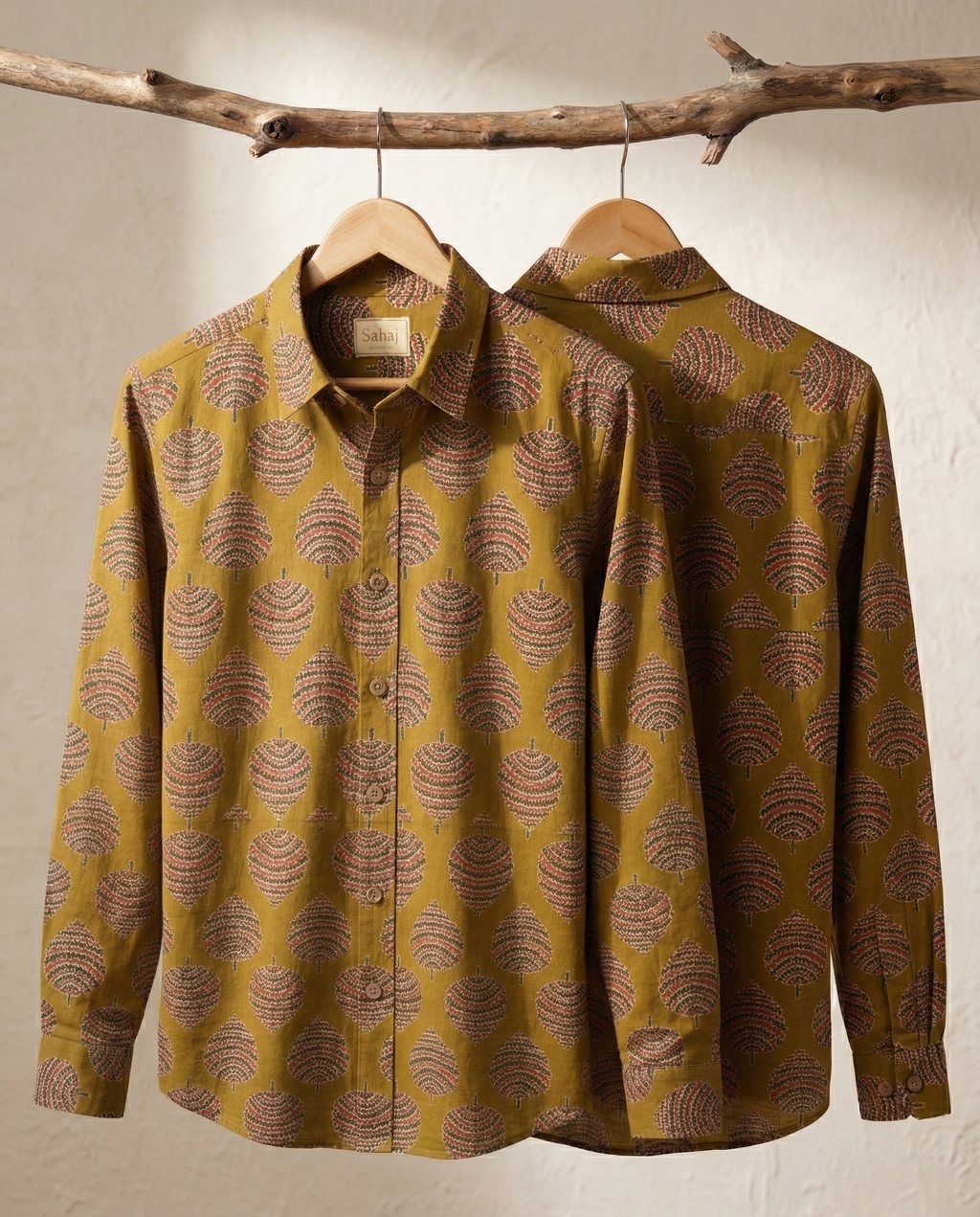 Women's Moss Leaf Block Print Ethnic Shirt - Olive - Long Sleeve - Button-Down - Sahaj Handcrafted