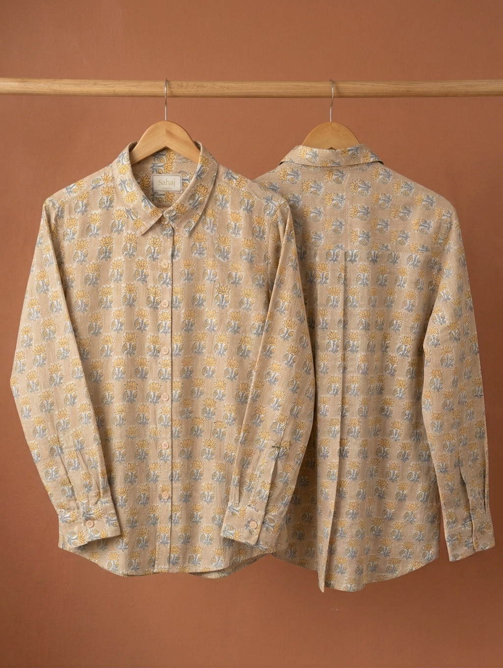 Women’s Floral Block Print Ethnic Shirt - Beige - Long Sleeve - Button Down - Sahaj Handcrafted