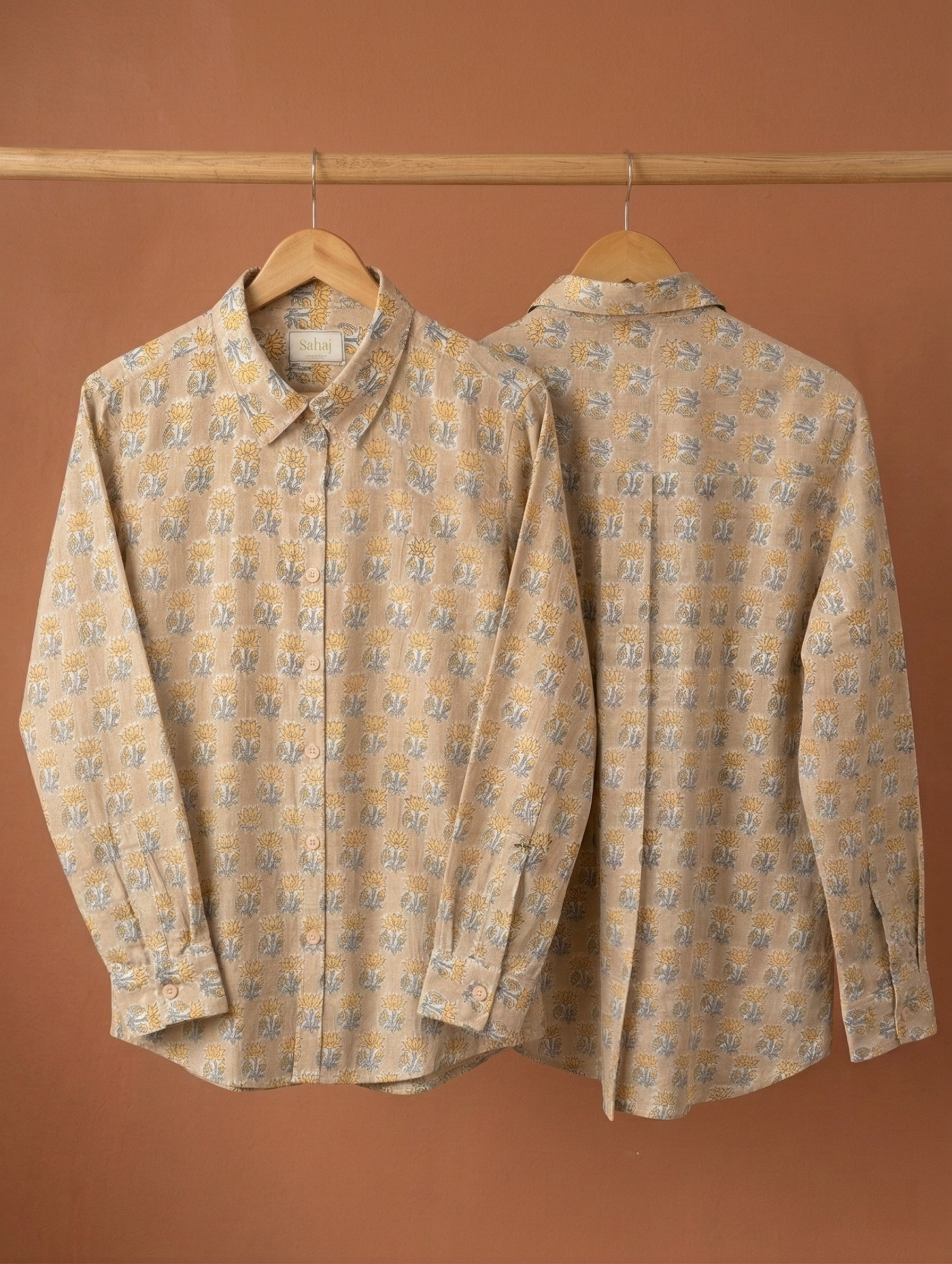 Women’s Floral Block Print Ethnic Shirt - Beige - Long Sleeve - Button Down - Sahaj Handcrafted