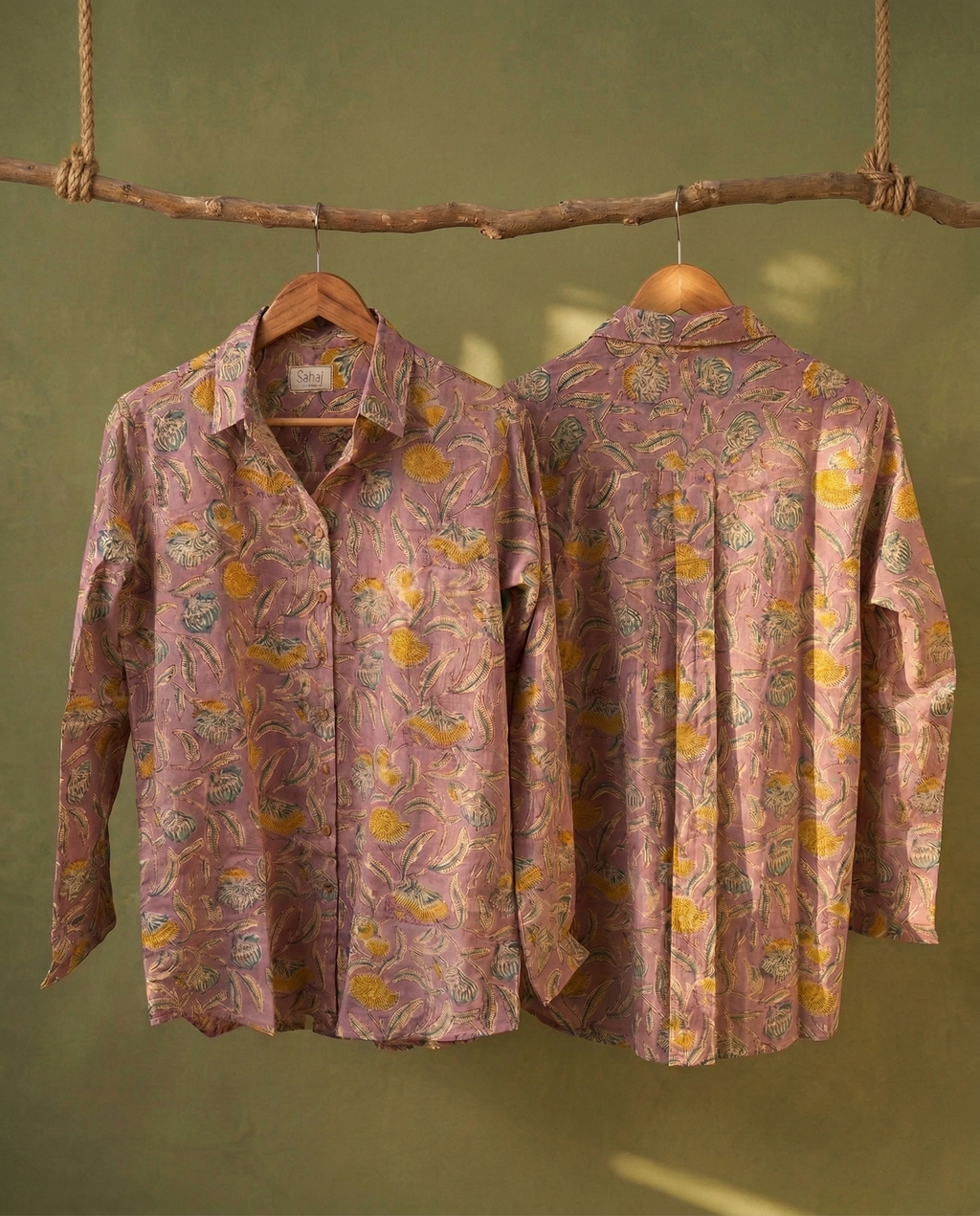 Women's Floral Block Print Ethnic Shirt - Mauve Pink - Long Sleeve - Button-Down - Sahaj Handcrafted