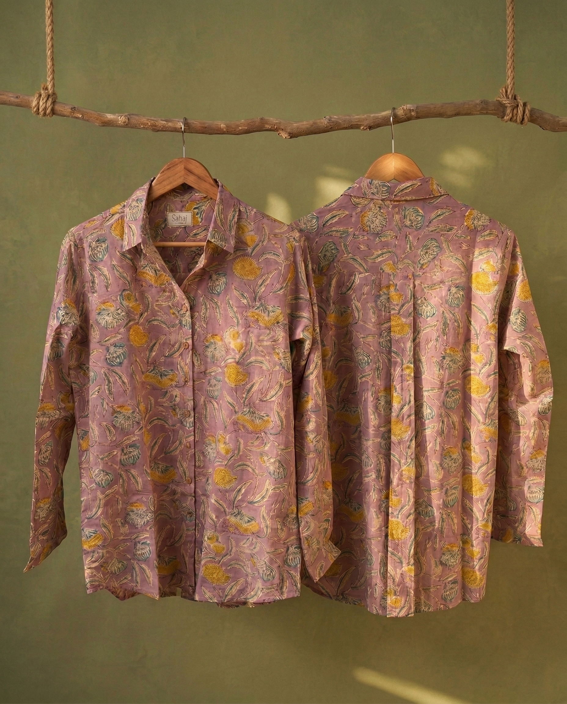 Women's Floral Block Print Ethnic Shirt - Mauve Pink - Long Sleeve - Button-Down - Sahaj Handcrafted