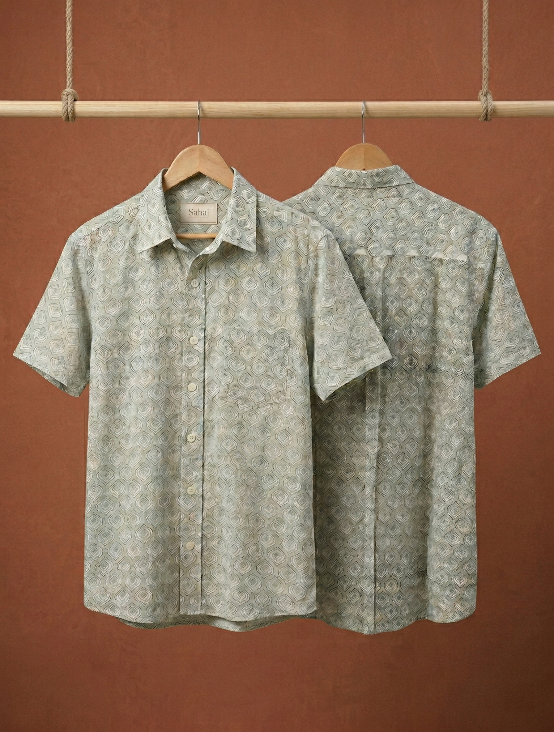 Men's Geometric Print Ethnic Shirt - Light Grey - Short Sleeve - Button-Down - Sahaj Handcrafted