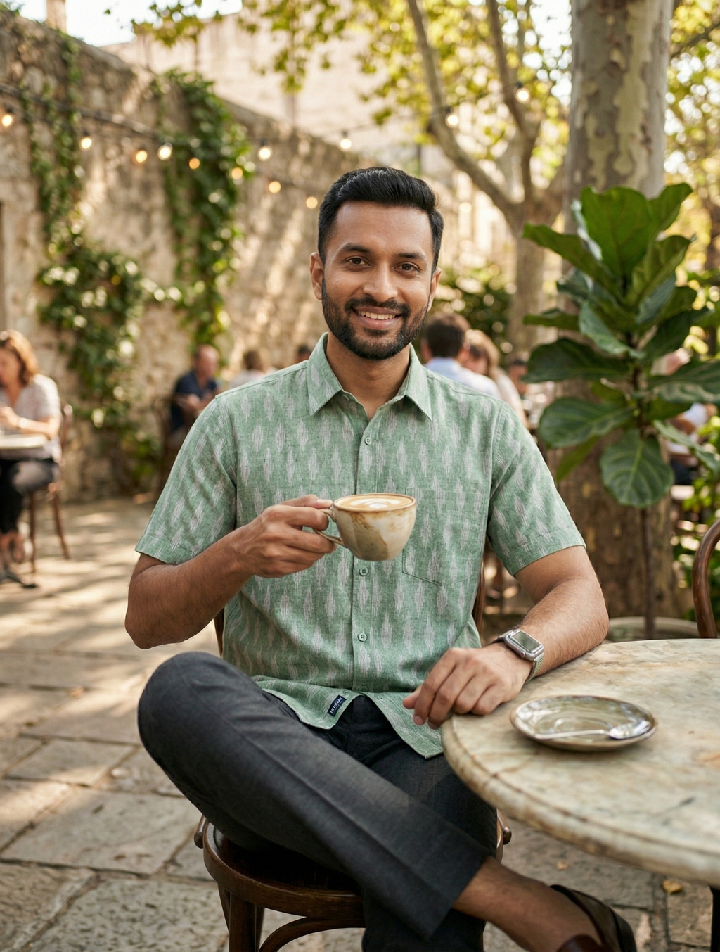 Men's Ikat Print Ethnic Shirt - Sage Green - Short Sleeve - Button-Down - Sahaj Handcrafted