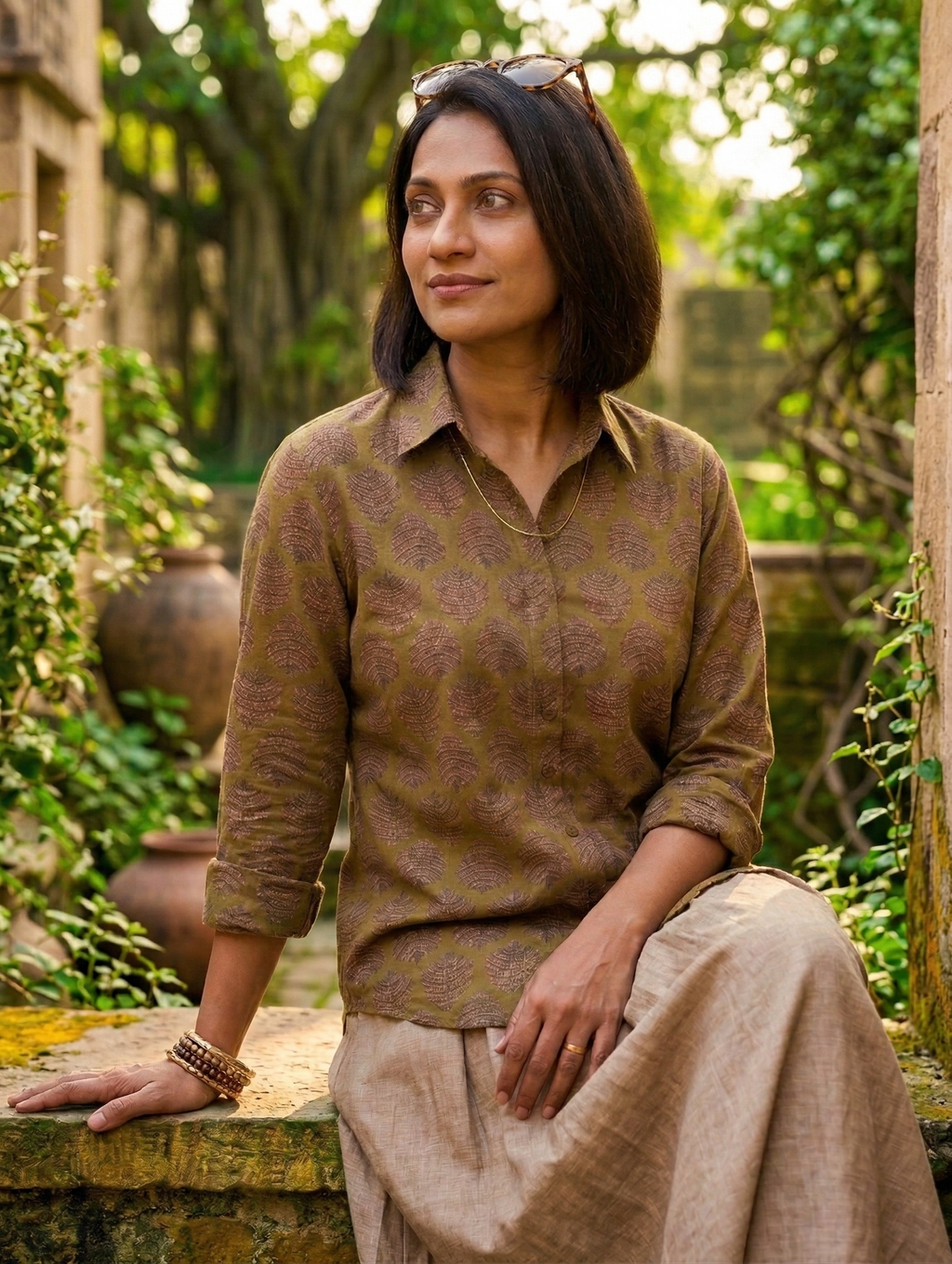 Women's Moss Leaf Block Print Ethnic Shirt - Olive - Long Sleeve - Button-Down - Sahaj Handcrafted