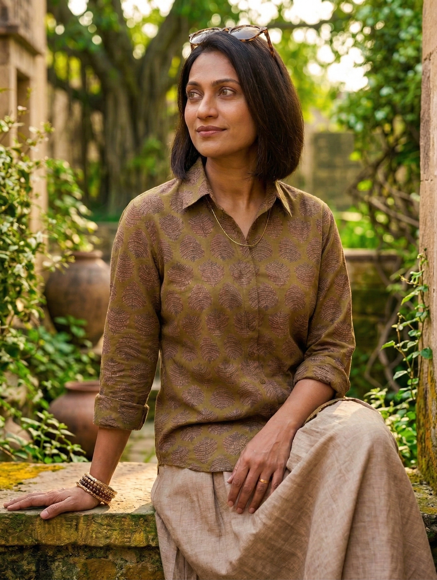 Women's Moss Leaf Block Print Ethnic Shirt - Olive - Long Sleeve - Button-Down - Sahaj Handcrafted