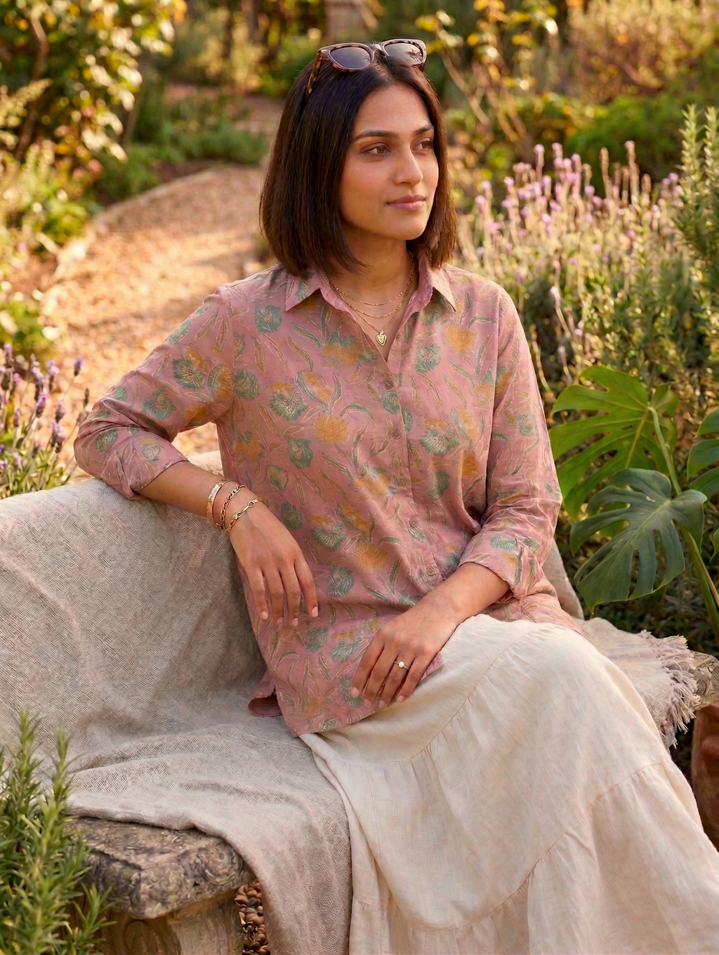 Women's Floral Block Print Ethnic Shirt - Mauve Pink - Long Sleeve - Button-Down - Sahaj Handcrafted