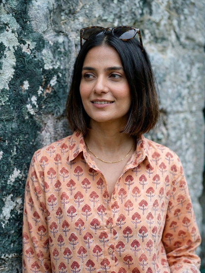 Women's Floral Block Print Ethnic Shirt - Peach - Long Sleeve - Button-Down - Sahaj Handcrafted