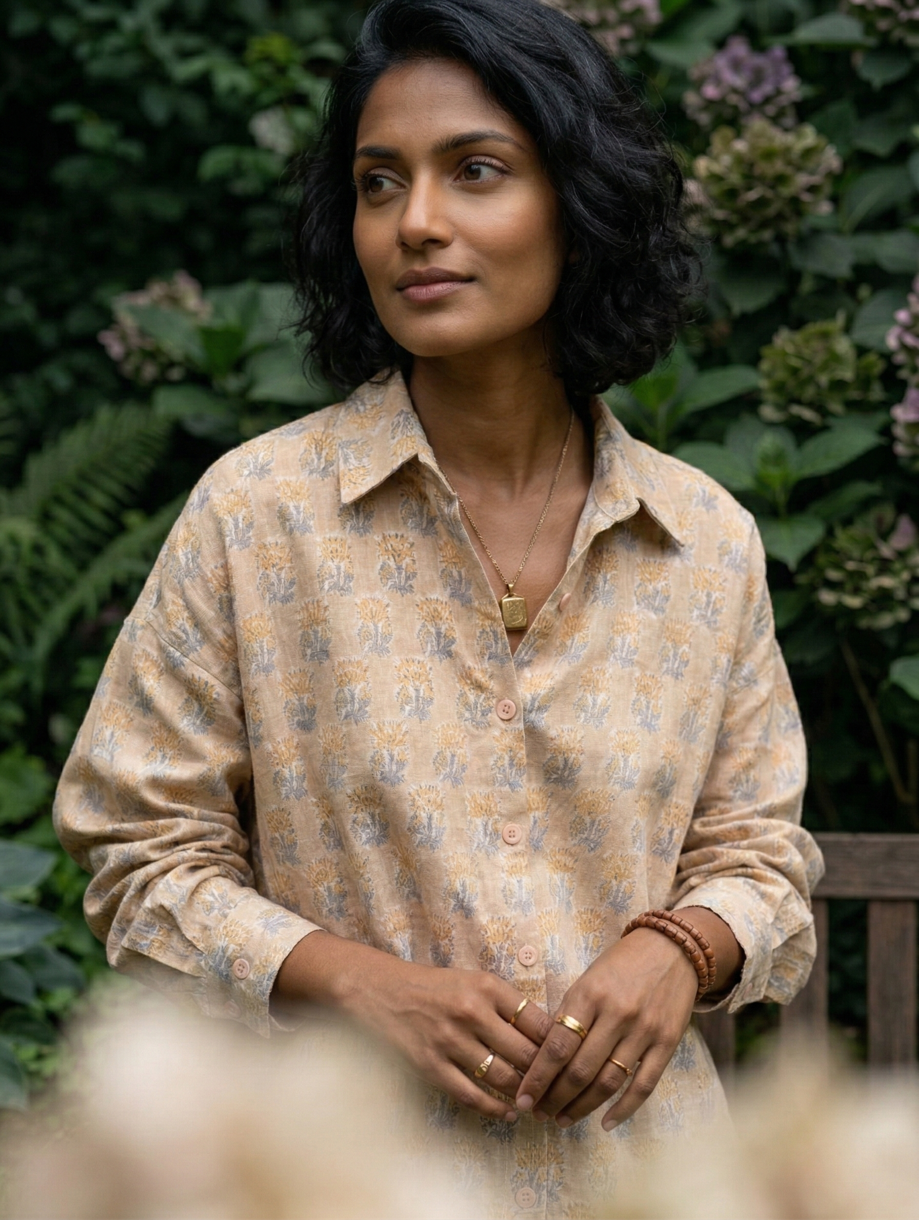 Women’s Floral Block Print Ethnic Shirt - Beige - Long Sleeve - Button Down - Sahaj Handcrafted