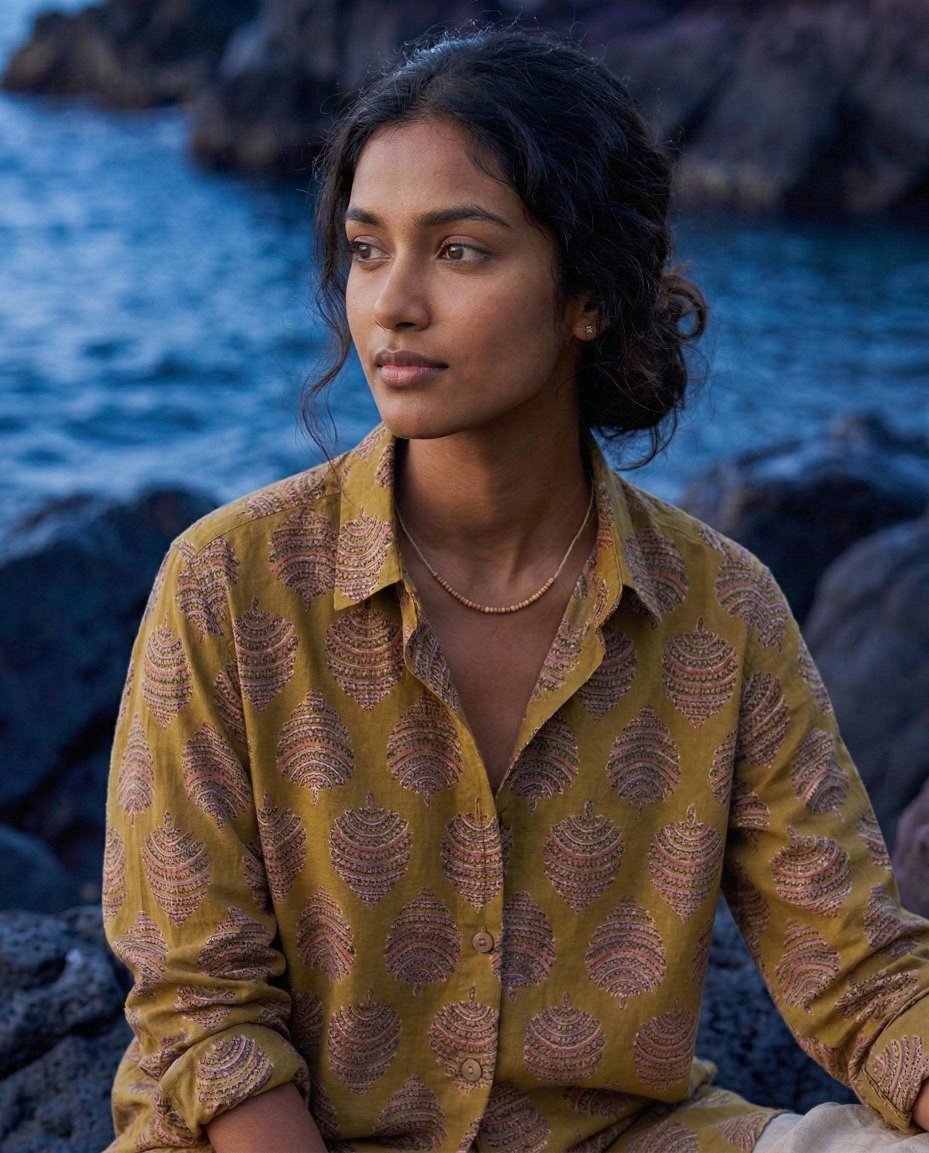 Women's Moss Leaf Block Print Ethnic Shirt - Olive - Long Sleeve - Button-Down - Sahaj Handcrafted