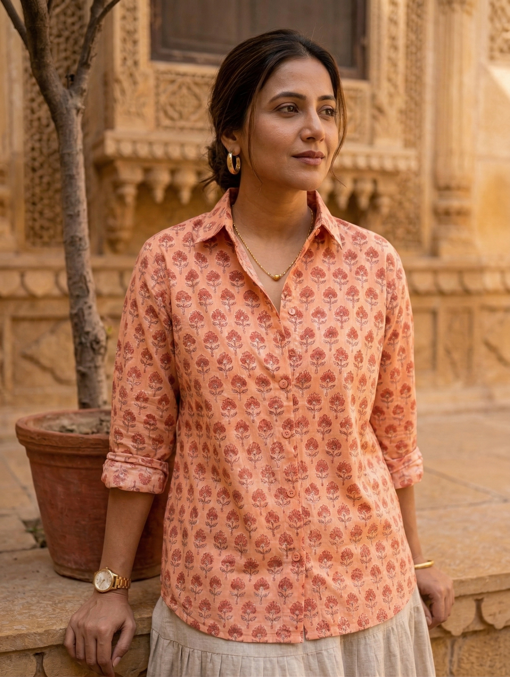 Women's Floral Block Print Ethnic Shirt - Peach - Long Sleeve - Button-Down - Sahaj Handcrafted