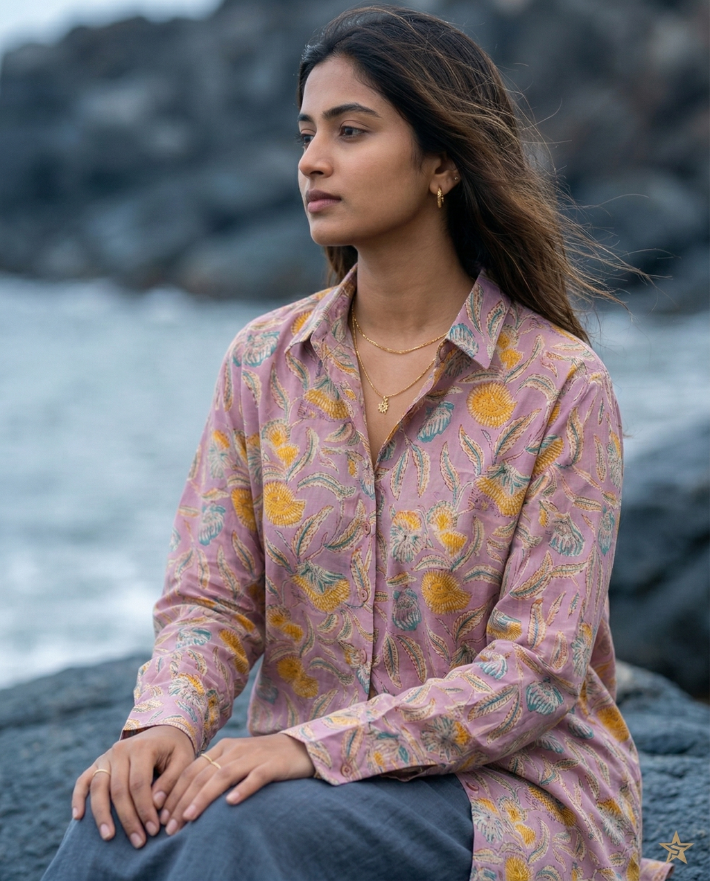 Women's Floral Block Print Ethnic Shirt - Mauve Pink - Long Sleeve - Button-Down - Sahaj Handcrafted