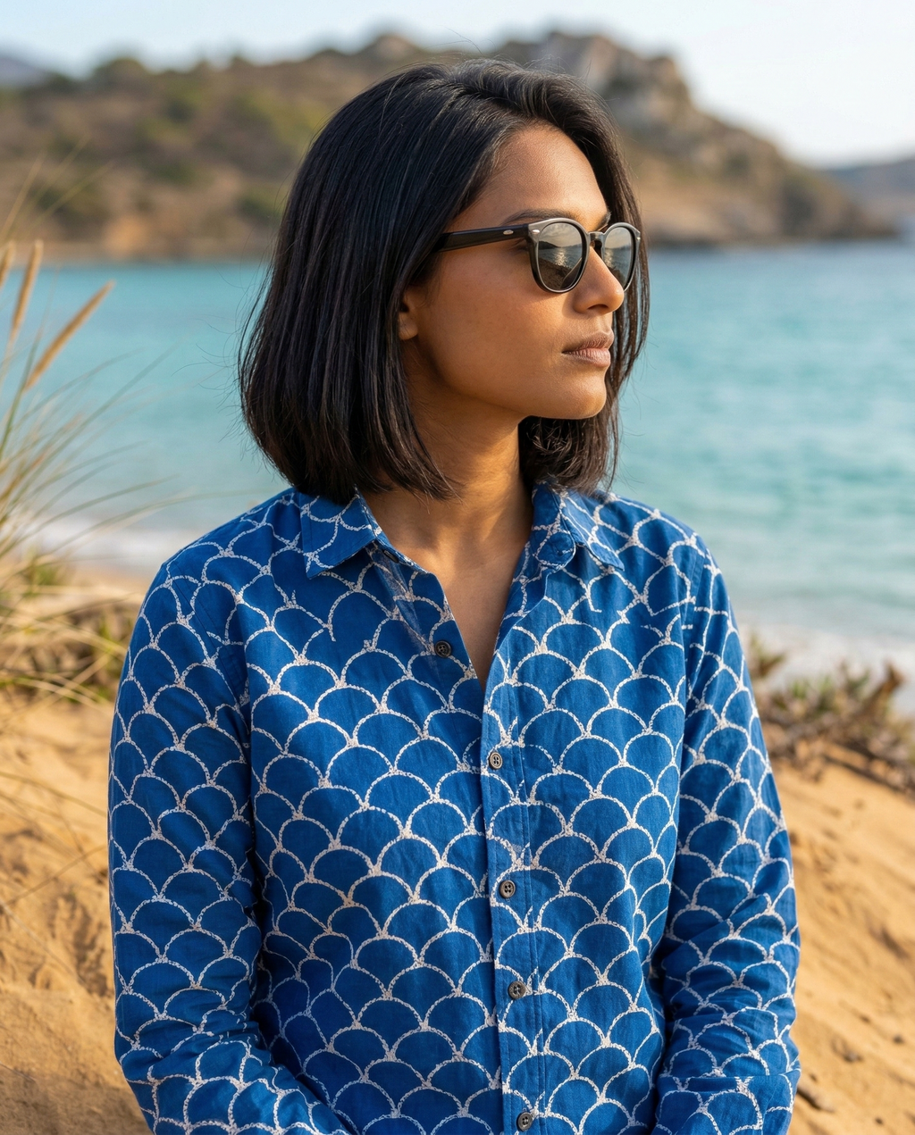 Women’s Scallop Print Ethnic Shirt - Indigo Blue - Long Sleeve -Button Down - Sahaj Handcrafted