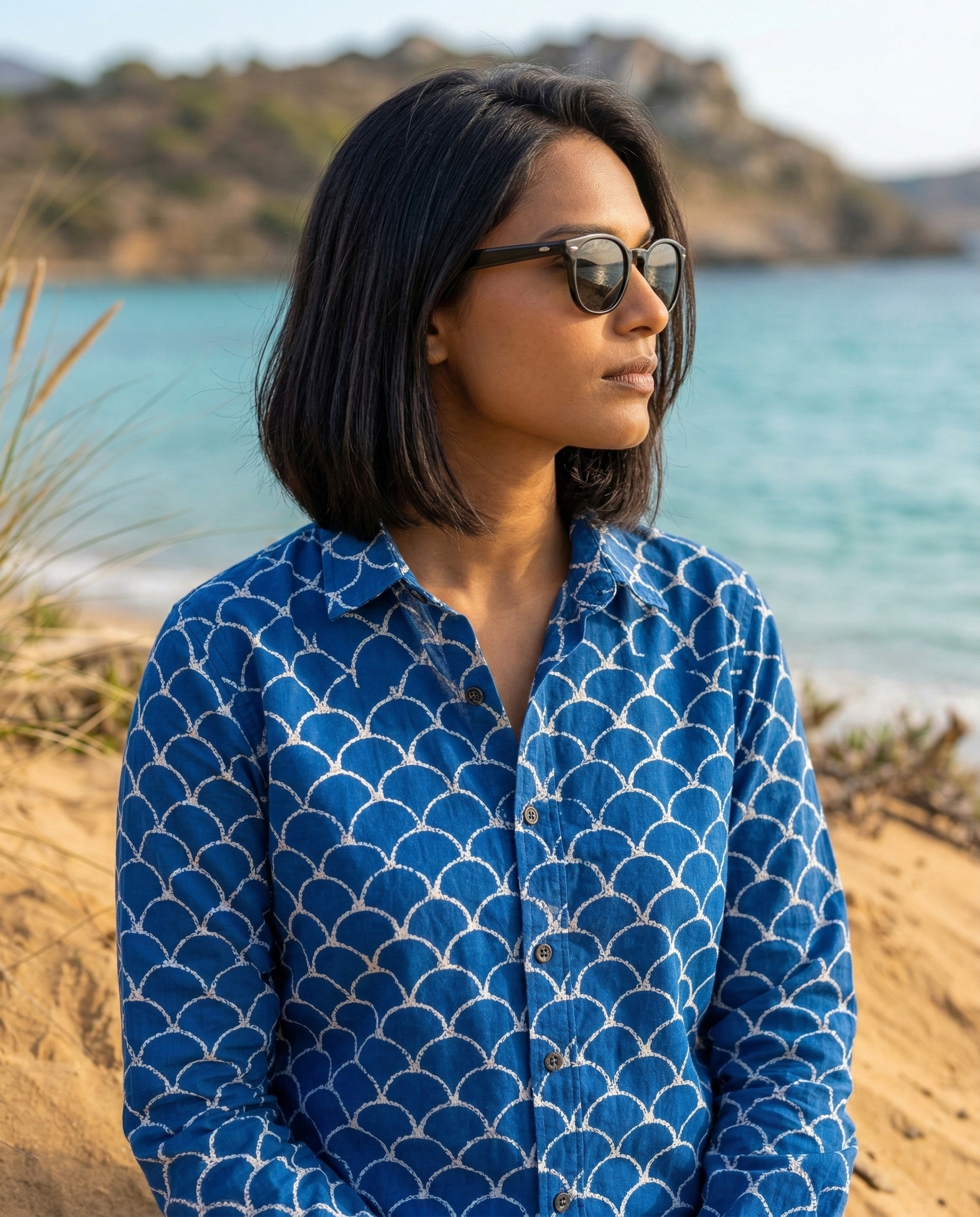 Women’s Scallop Print Ethnic Shirt - Indigo Blue - Long Sleeve -Button Down - Sahaj Handcrafted