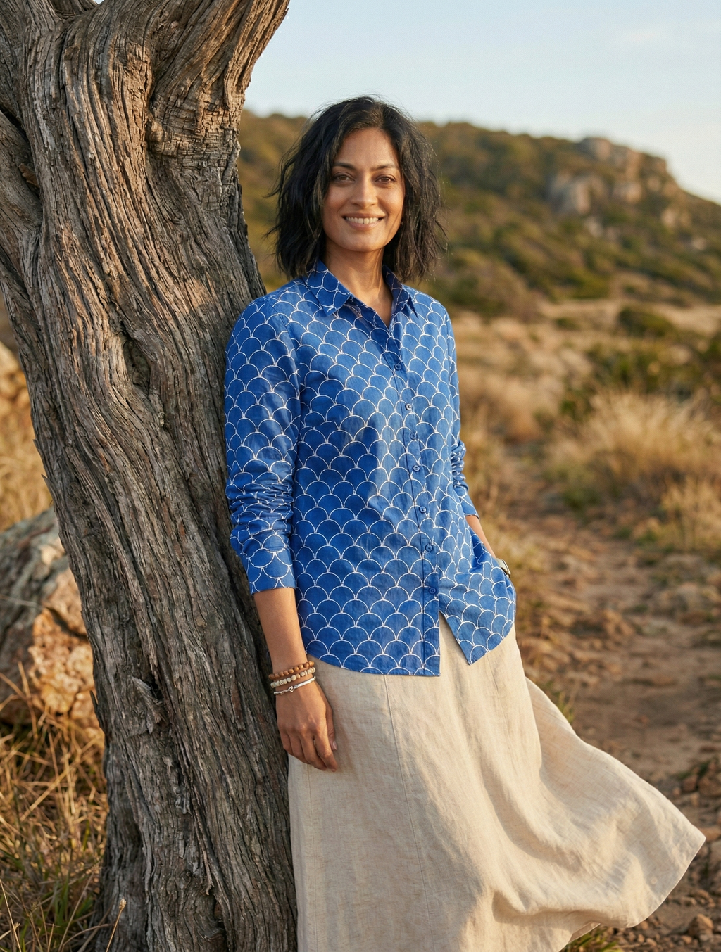 Women’s Scallop Print Ethnic Shirt - Indigo Blue - Long Sleeve -Button Down - Sahaj Handcrafted