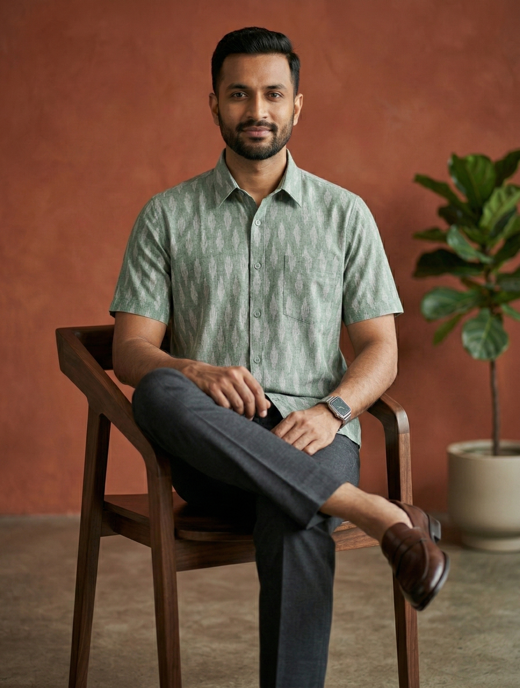 Men's Ikat Print Ethnic Shirt - Sage Green - Short Sleeve - Button-Down - Sahaj Handcrafted