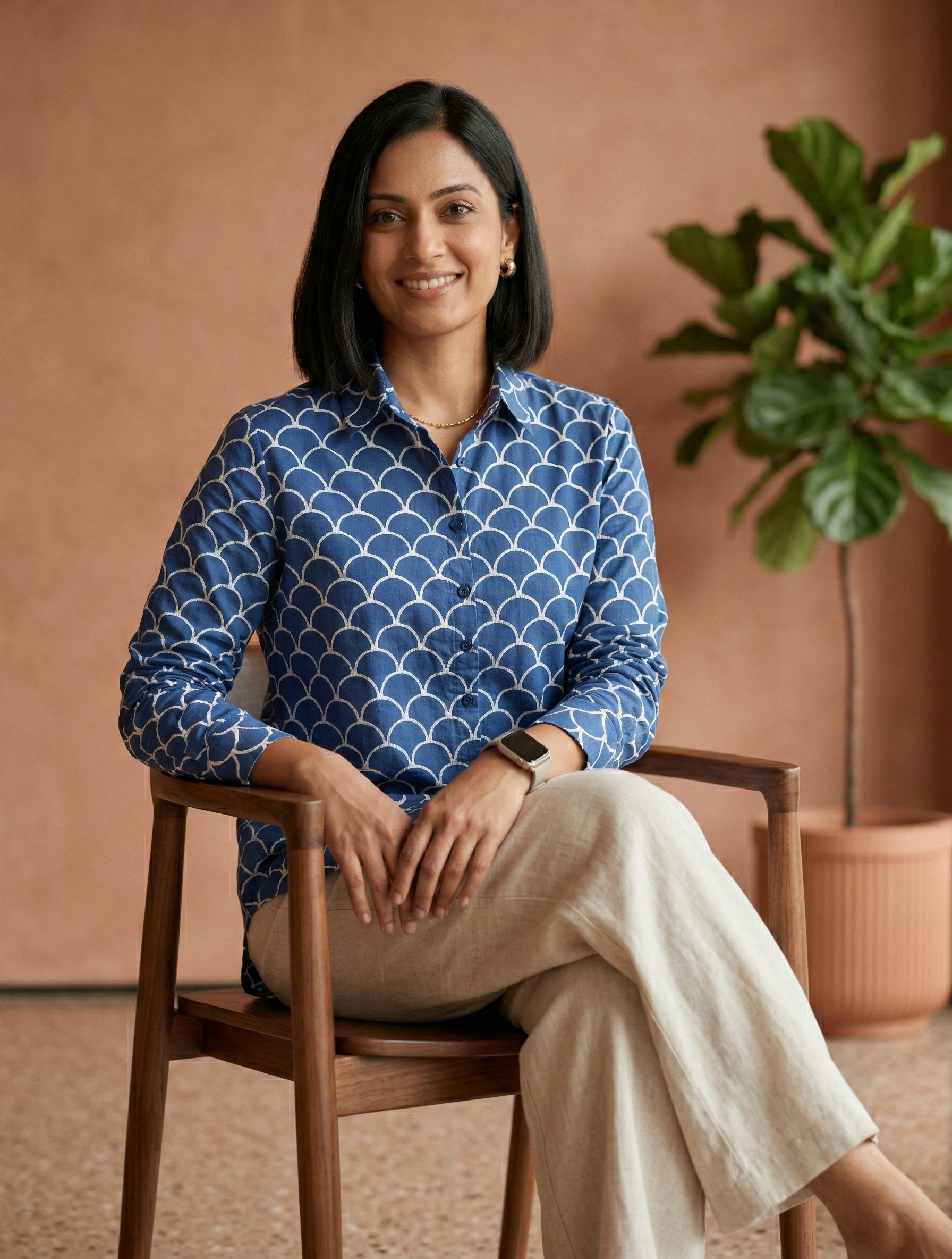 Women’s Scallop Print Ethnic Shirt - Indigo Blue - Long Sleeve -Button Down - Sahaj Handcrafted