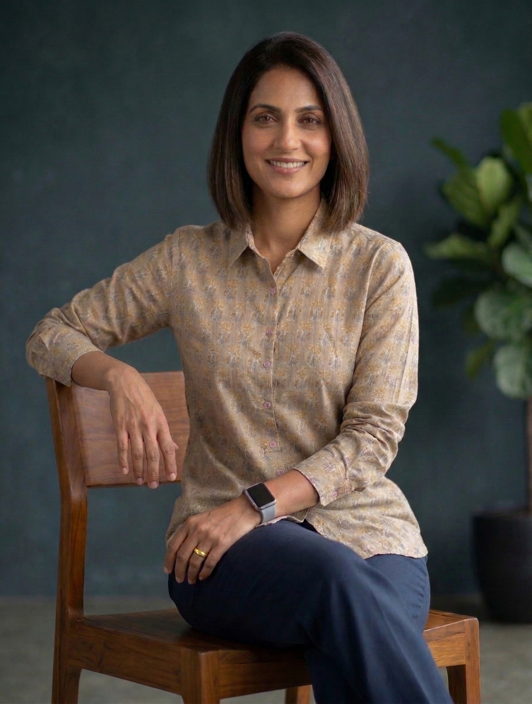 Women’s Floral Block Print Ethnic Shirt - Beige - Long Sleeve - Button Down - Sahaj Handcrafted