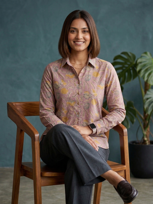 Women's Floral Block Print Ethnic Shirt - Mauve Pink - Long Sleeve - Button-Down - Sahaj Handcrafted