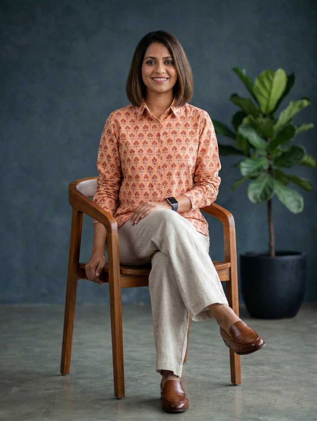Women's Floral Block Print Ethnic Shirt - Peach - Long Sleeve - Button-Down - Sahaj Handcrafted