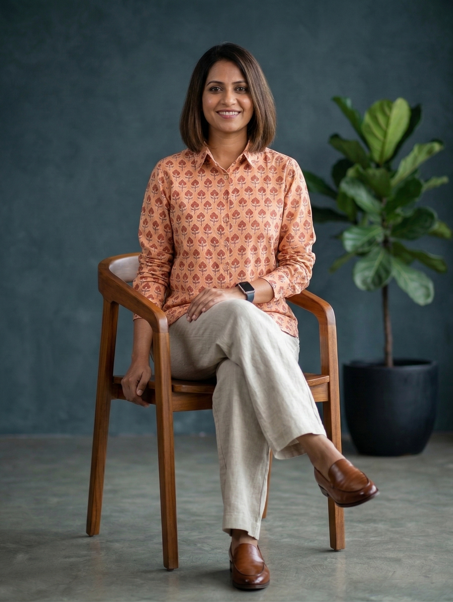 Women's Floral Block Print Ethnic Shirt - Peach - Long Sleeve - Button-Down - Sahaj Handcrafted