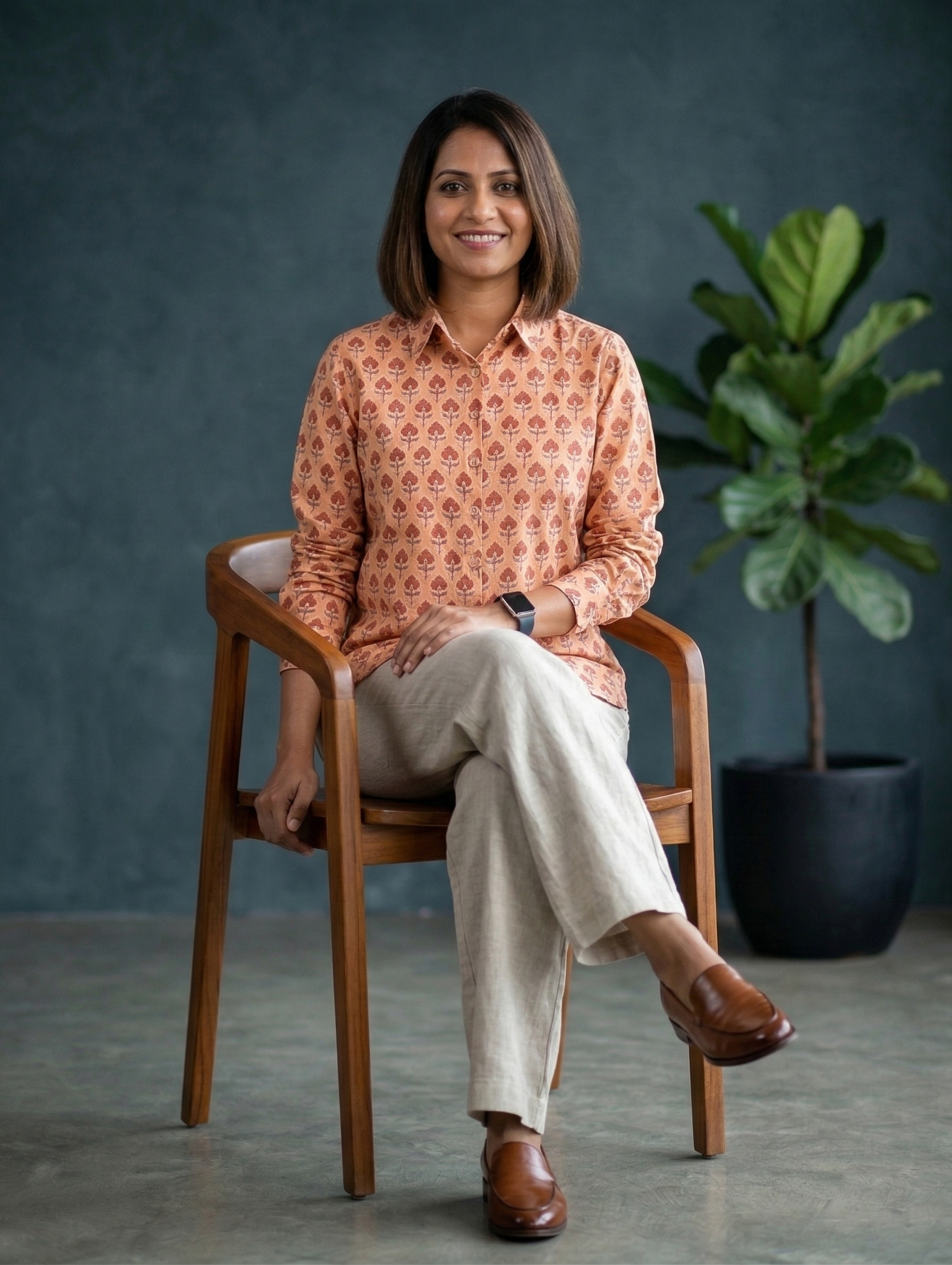 Women's Floral Block Print Ethnic Shirt - Peach - Long Sleeve - Button-Down - Sahaj Handcrafted