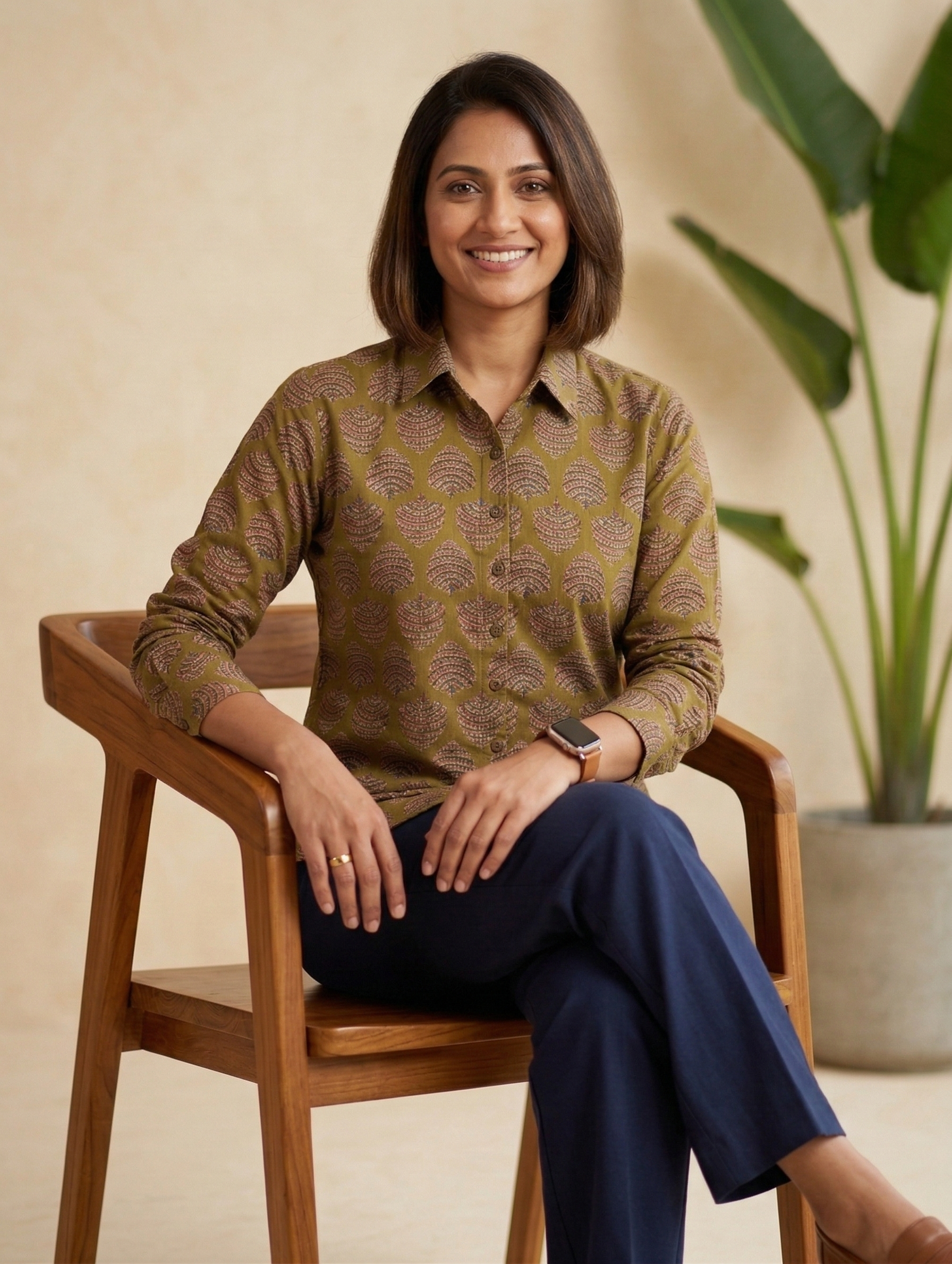 Women's Moss Leaf Block Print Ethnic Shirt - Olive - Long Sleeve - Button-Down - Sahaj Handcrafted