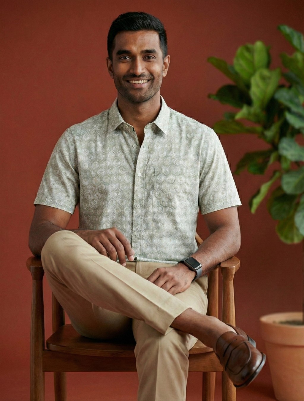 Men's Geometric Print Ethnic Shirt - Light Grey - Short Sleeve - Button-Down - Sahaj Handcrafted