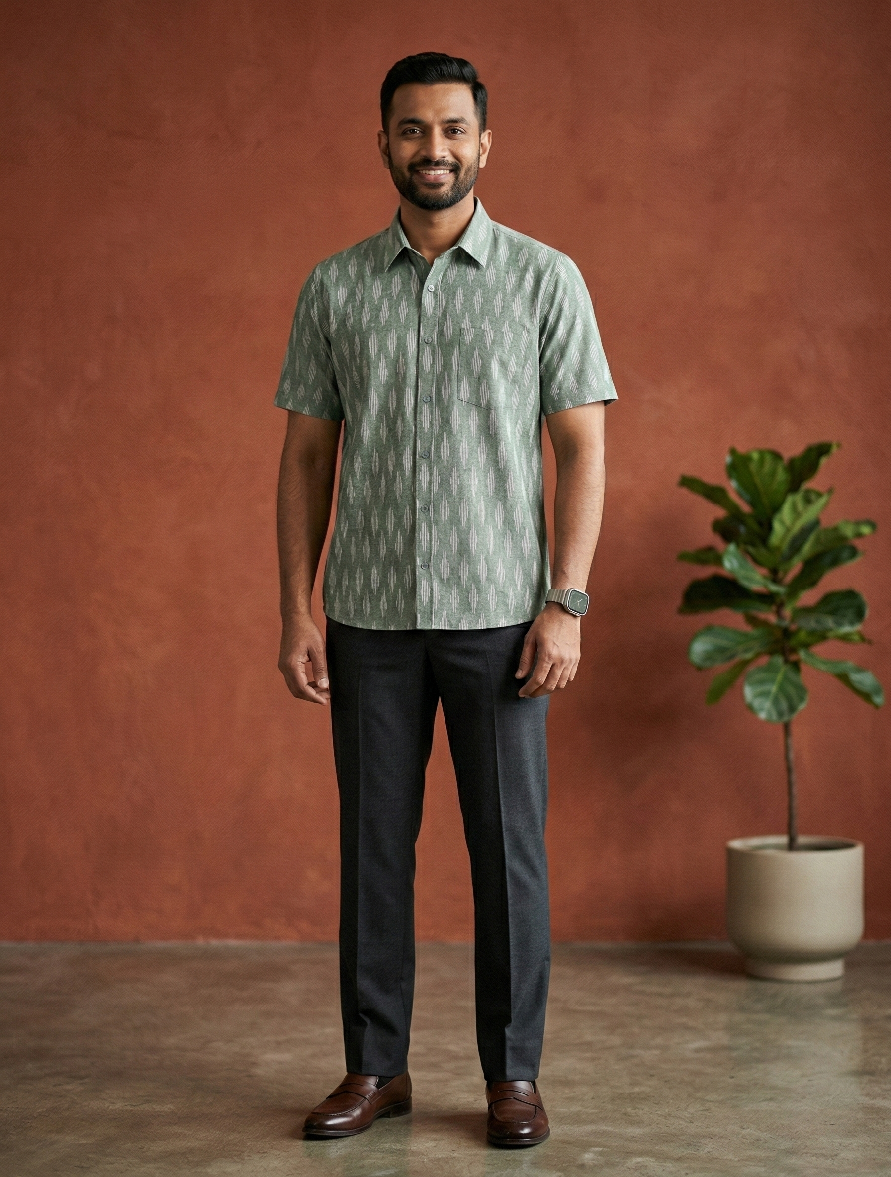 Men's Ikat Print Ethnic Shirt - Sage Green - Short Sleeve - Button-Down - Sahaj Handcrafted