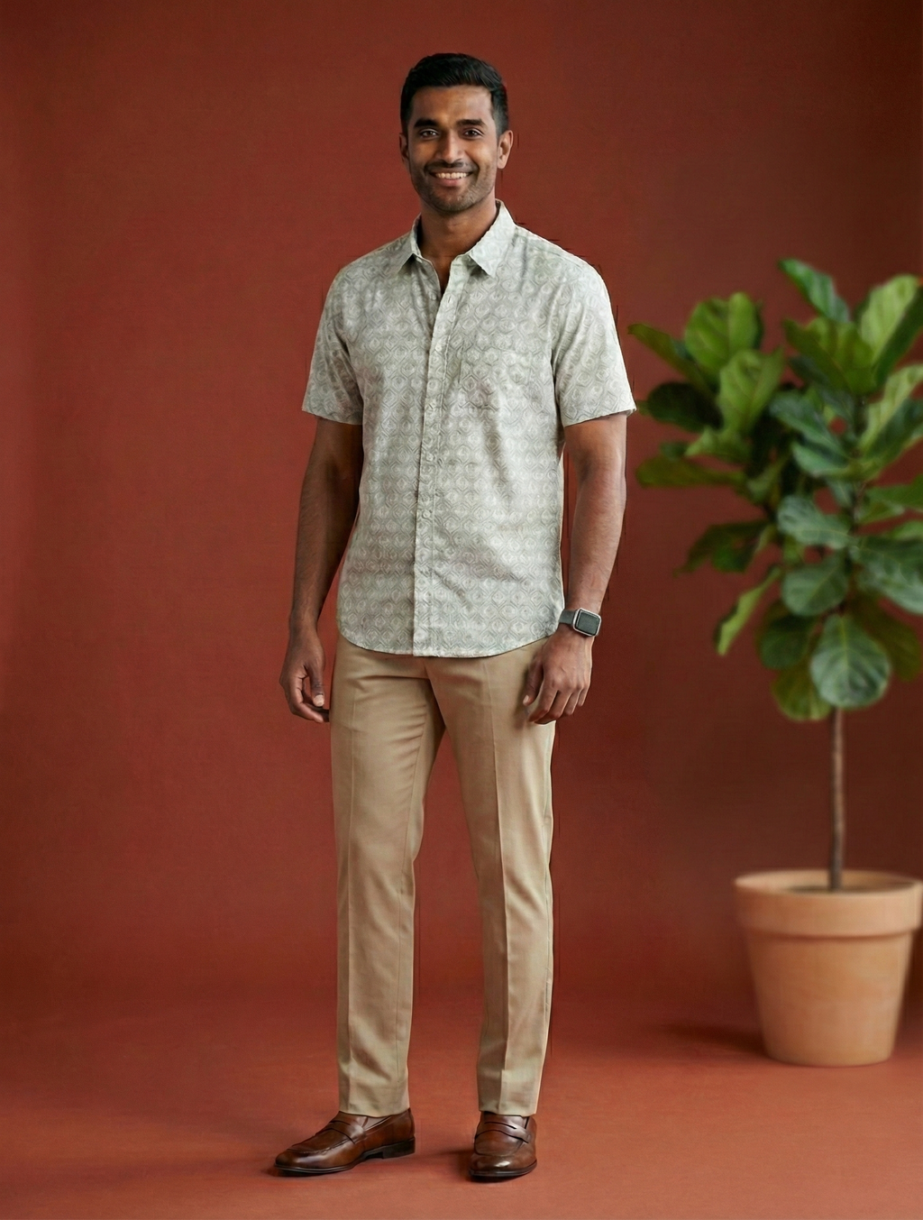 Men's Geometric Print Ethnic Shirt - Light Grey - Short Sleeve - Button-Down - Sahaj Handcrafted