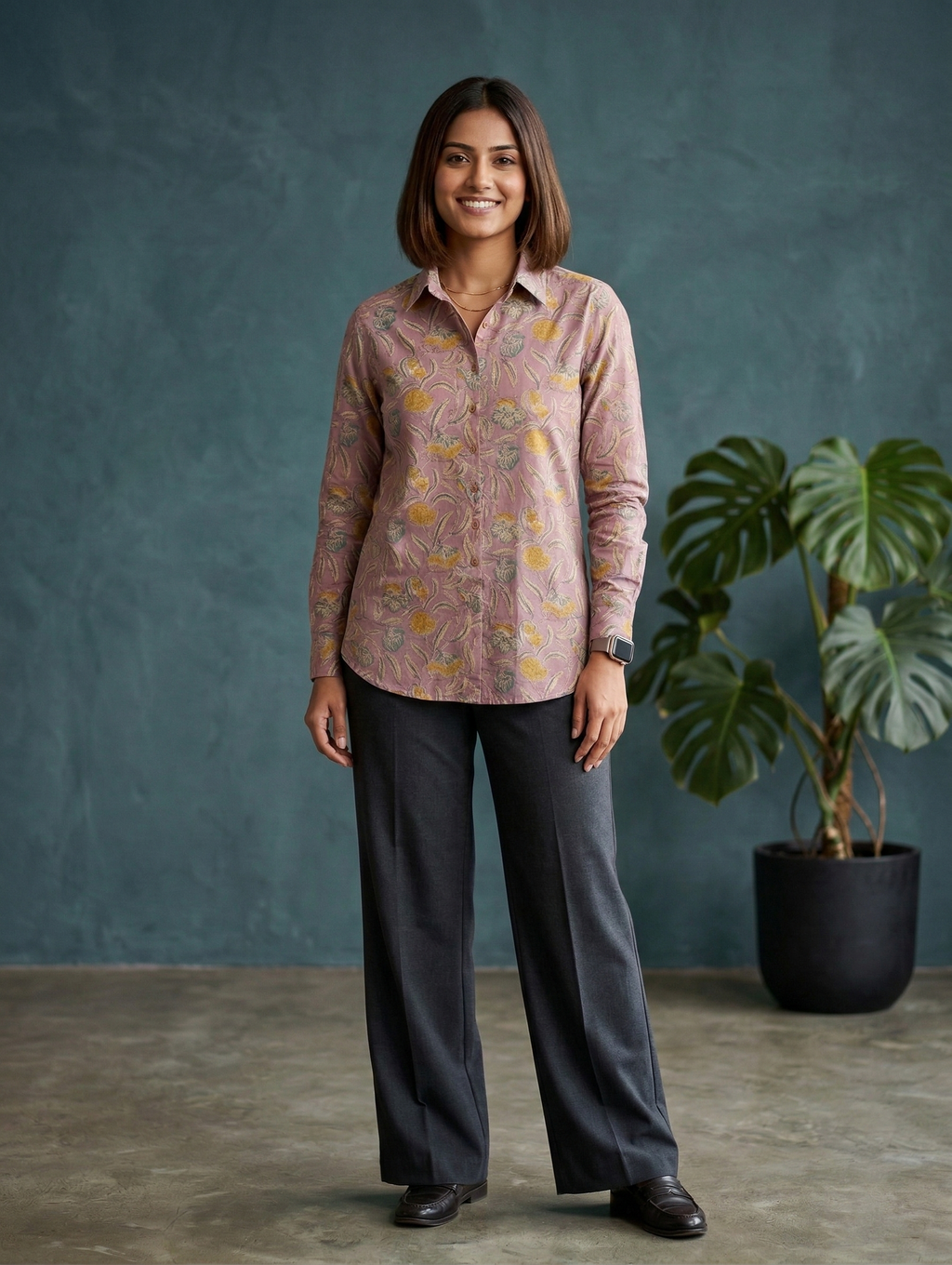 Women's Floral Block Print Ethnic Shirt - Mauve Pink - Long Sleeve - Button-Down - Sahaj Handcrafted