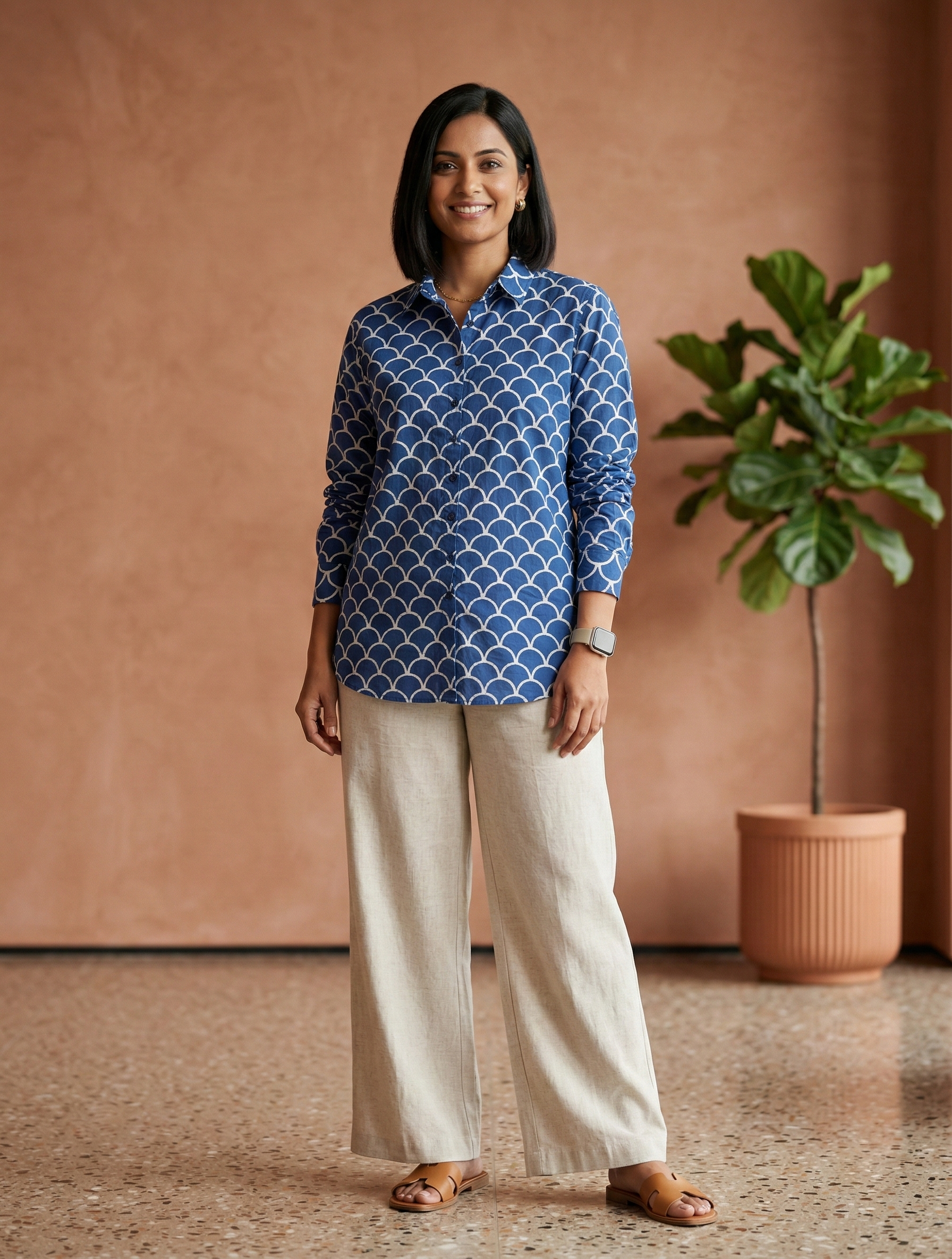 Women’s Scallop Print Ethnic Shirt - Indigo Blue - Long Sleeve -Button Down - Sahaj Handcrafted