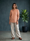 Women's Floral Block Print Ethnic Shirt - Peach - Long Sleeve - Button-Down - Sahaj Handcrafted