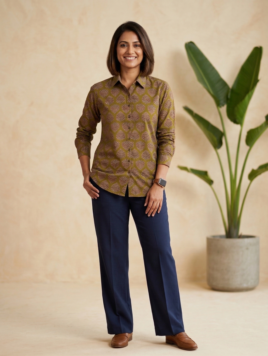 Women's Moss Leaf Block Print Ethnic Shirt - Olive - Long Sleeve - Button-Down - Sahaj Handcrafted