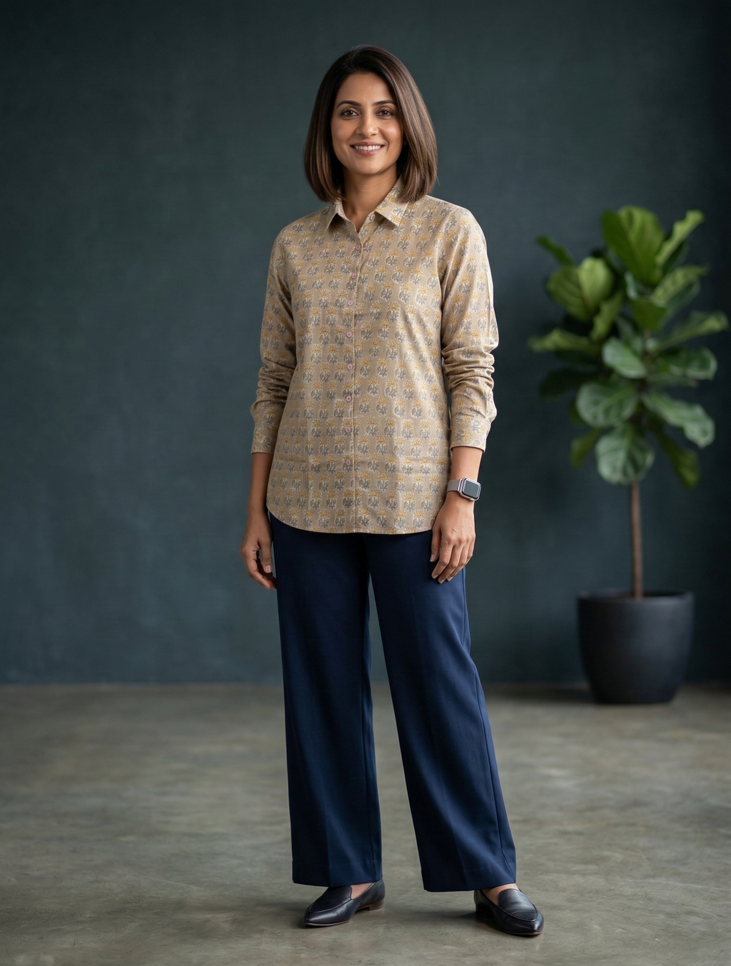 Women’s Floral Block Print Ethnic Shirt - Beige - Long Sleeve - Button Down - Sahaj Handcrafted