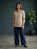 Women’s Floral Block Print Ethnic Shirt - Beige - Long Sleeve - Button Down - Sahaj Handcrafted